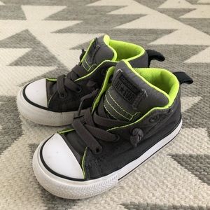 Gray white Converse high tops with neon accents